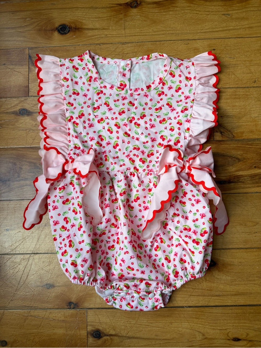 Pink Cherry Print Ruffle Baby One-Piece